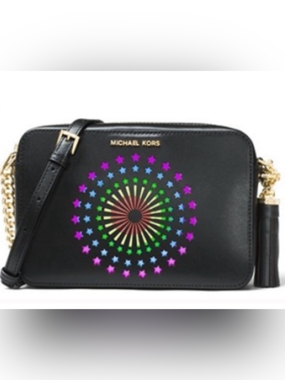 Michael Kors Black Leather Crossbody with Multicolor Starburst Motif